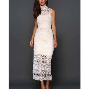 Elle Zeitoune Jaylyn White Crochet Sleeveless Mock Neck Midi Dress